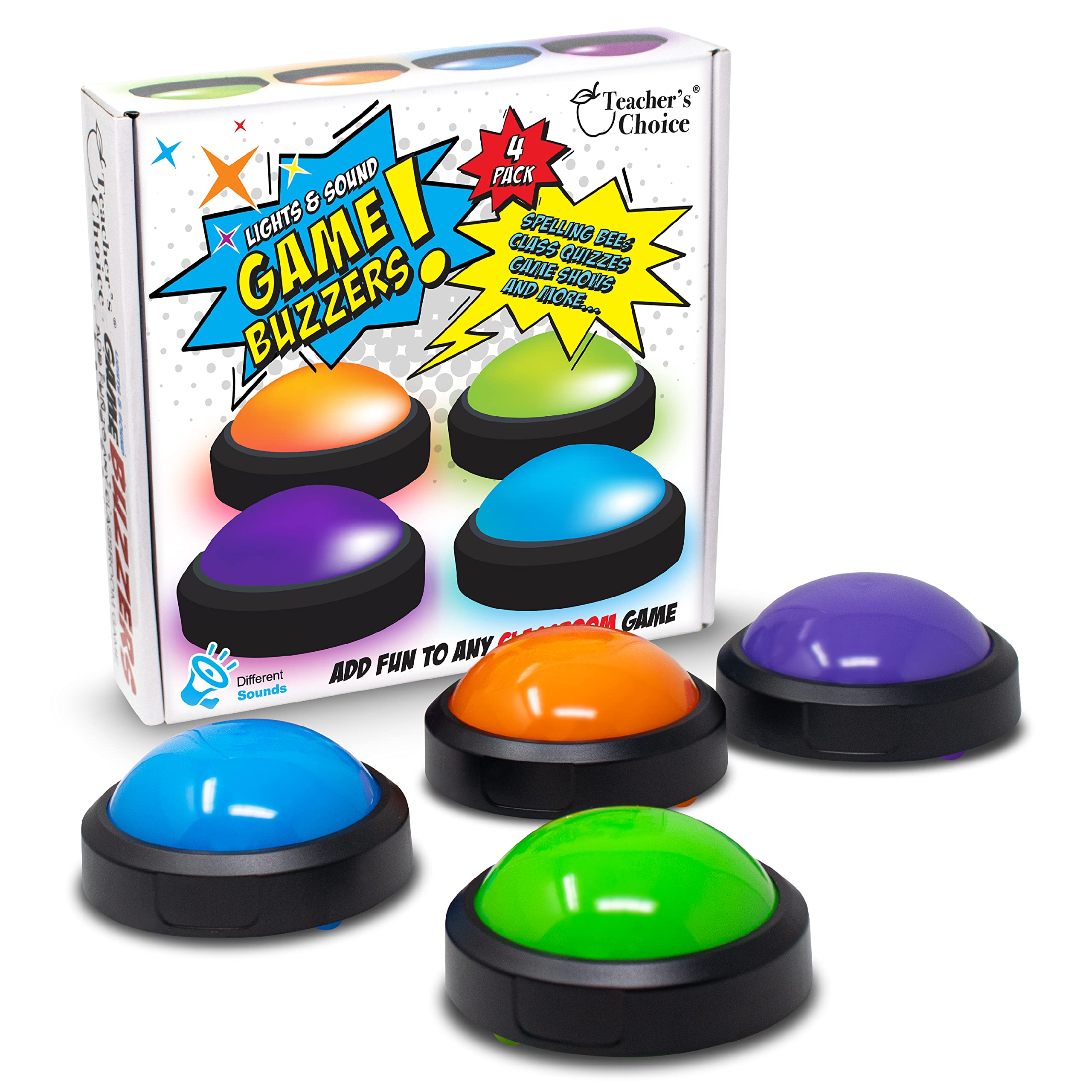 Teacher's Choice 4 Pack Light Up Game Buzzers with Unique Loud Sounds for Each Buzzer | Great for Trivia Games, Family Feud, Jeopardy, Competition, Spelling Bees and More