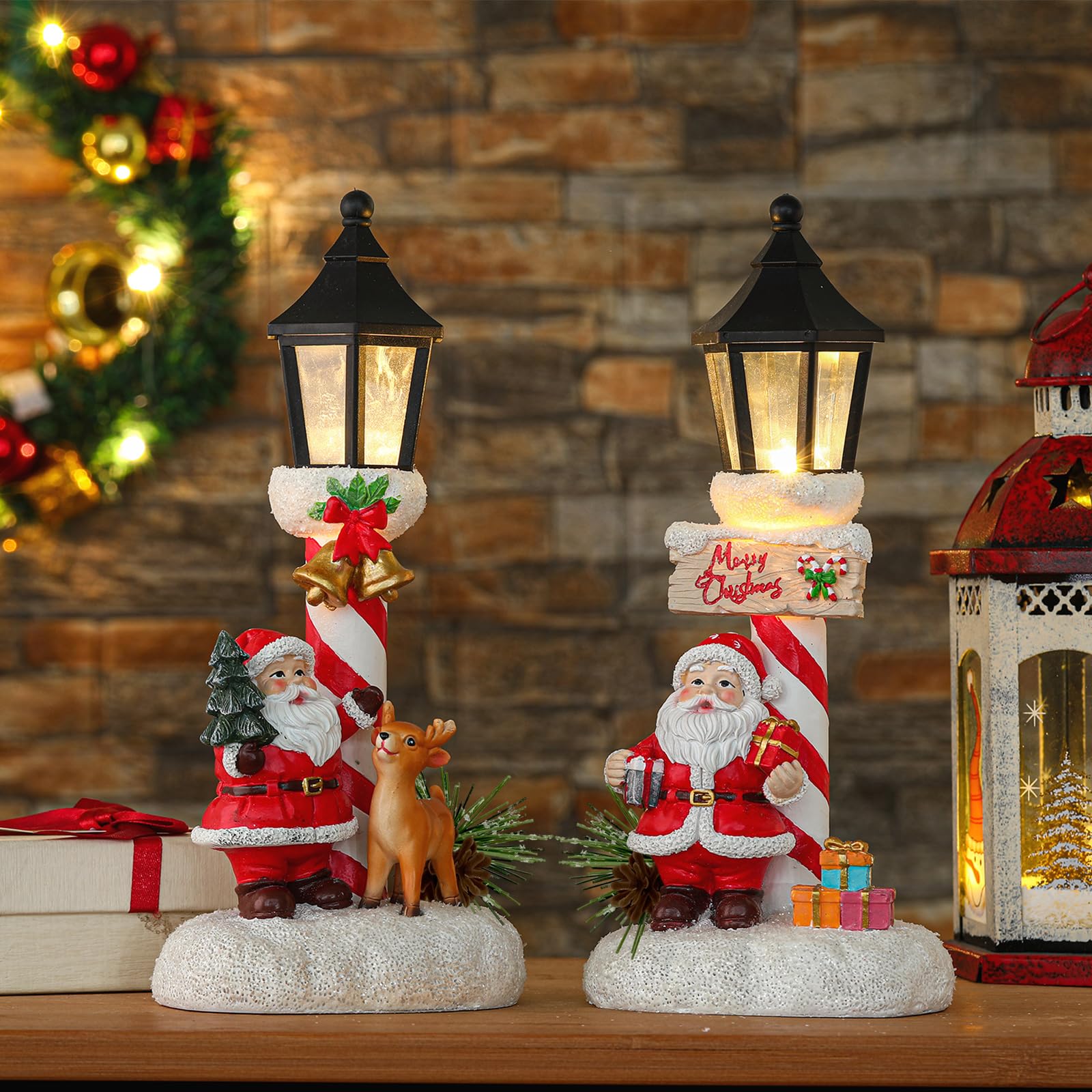 Photo 1 of 2 Pack Christmas Light Table Decorations Red Cardinal LED Lamppost Tabletop Statue Tabletop Figurine Christmas Resin Glow Lantern Decor for Home Office Xmas Joy Noel Indoor Holiday Party (Santa Claus)