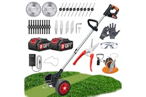 XABCHUI Cordless Weed Wacker Electric Weed Trimmer Battery Powered with 26pcs Blades & 2 Batteries & Charger & Wheels, Push Lightweight Wheeled No String Grass Trimmer/String Trimmer/Lawn Edger/Brush Cutter