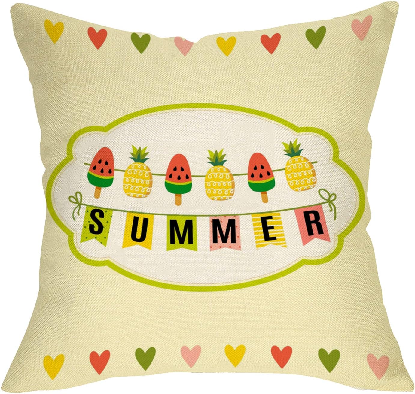 Fbcoo Summer Decorative Throw Pillow Cover, Watermelon Popsicle Pineapple Heart Cushion Case Decor Sign, Fruit Seasonal Home Square Outside Pillowcase Decorations for Sofa Couch 18 x 18 Cotton Linen
