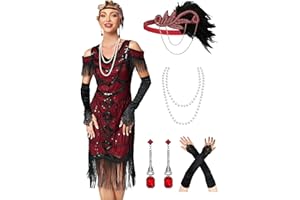 MTITE Great Gatsby Dresses 1920s for Women, Vintage Long Fringe Dress Roaring 20s Sequins Beaded Dress with Accessories Set