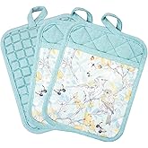 Pot Holders Set of 3 Silicone Printing Non Slip Heat Resistant, Yarm-Dyed Hot Pads Cotton Home Kitchen Cooking Barbecue Microwave Women Men Machine Washable BBQ Grilling. (Light Blue Potholders)