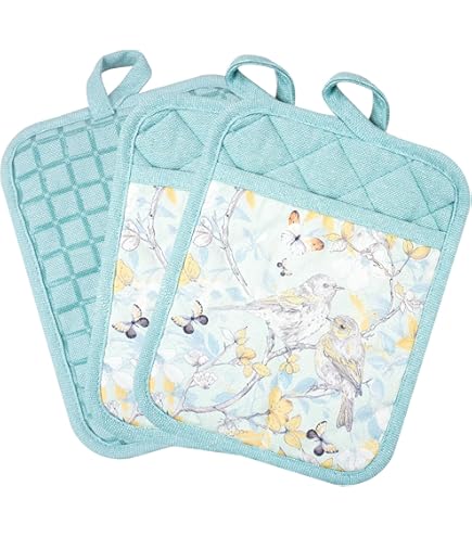 Pot Holders Set Of 2 - Heat Resistant With Cute Gnome Print, Mint Green, Pockets For Hands, 9.8" X 7" Kitchen Hot Pads