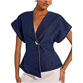 Floerns Women's Asymmetrical Denim Blouses Button Dolman Sleeve Wrap V Neck Jeans Tops