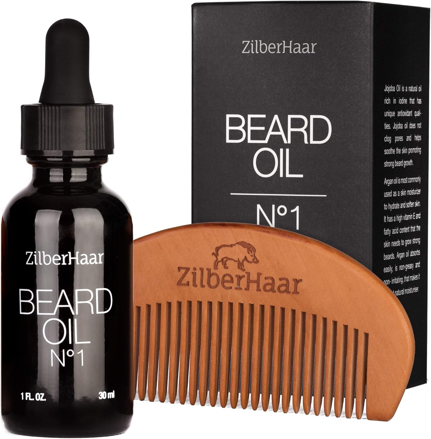 ZilberHaar, Beard Oil N 1 + Beard Comb, Pure, Organic Moroccan Jojoba Oil and Argan Oil, Natural Ingredients, Fragrance Free