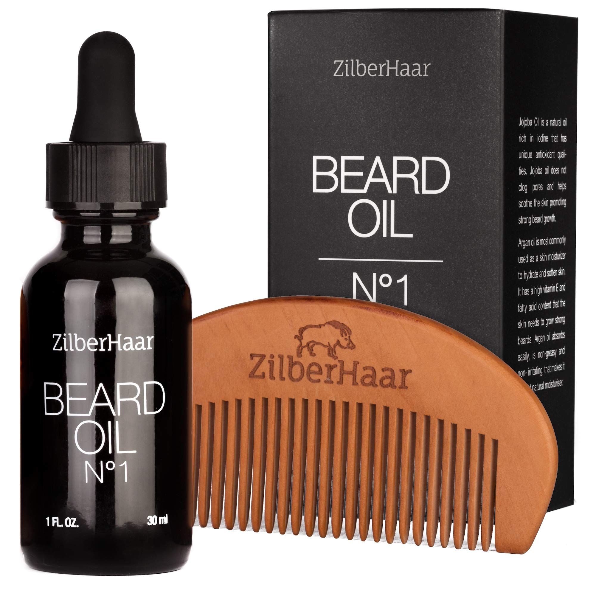 ZilberHaar - Beard Oil N 1 + Beard Comb - Pure, Organic Moroccan Jojoba Oil and Argan Oil - Natural Ingredients, Fragrance Free, Cruelty Free - For Natural Beard Growth and Hydration - 1 oz