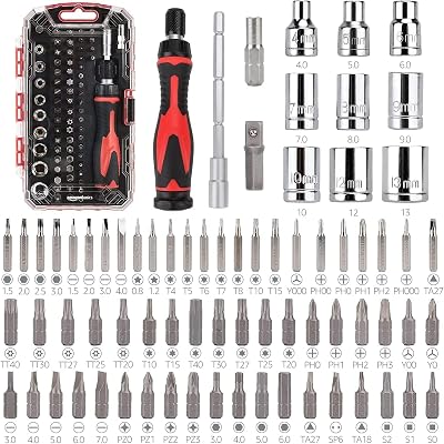 Set di chiavi a cricchetto magnetiche e cacciaviti di precisione per elettronica, 73 unità, confezione da 1, Nero, Rosso, Argento