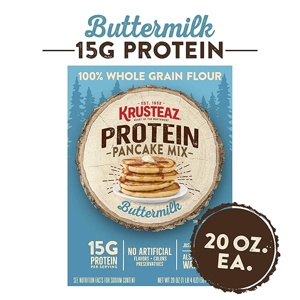 KRUSTEAZ PROTEIN PANCAKE MIX, BUTTERMILK PANCAKE MIX, 100% WHOLE GRAIN FLOUR & 15G OF PROTEIN PER SERVING, ALSO MAKES WAFFLES, JUST ADD WATER 20 OUNCE (PACK OF 2)