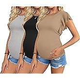 Ekouaer Women's Maternity Shirts 3 Packs Flying Short Sleeve Pregnancy Tops Side Ruched Tunic Blouse Mama Clothes S-XXL