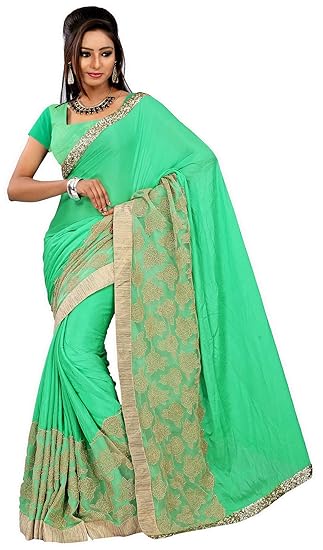 Womens Moss Chiffon Embroidery Saree (Green)