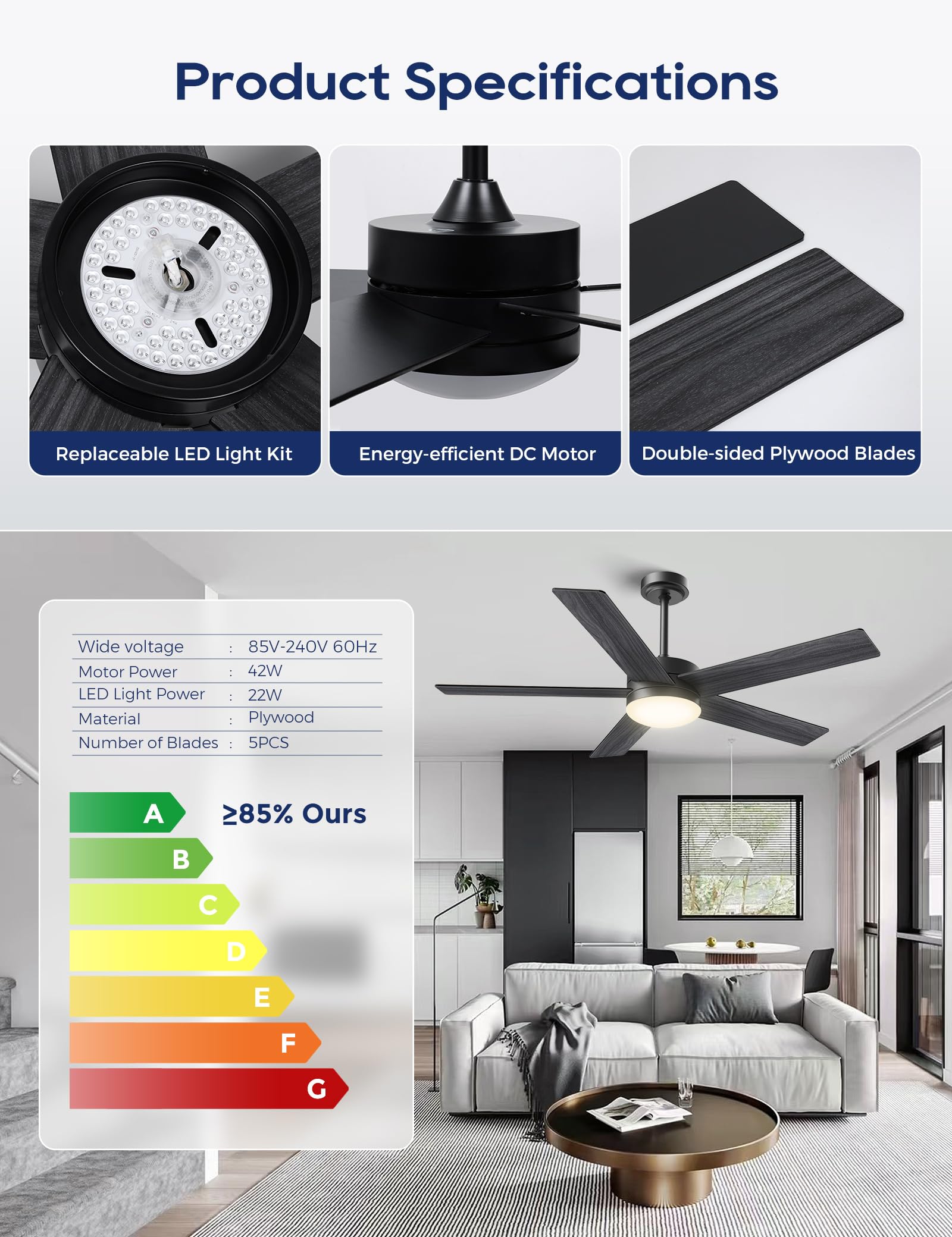 Ceiling Fans with Lights and Remote, 52 inch Ceiling Fans with Flush Mount, 22W 3-Color LED Light, 6 Speed Reversible, Dual Finish 5 Blades Noiseless for Patio, Living room, Indoor/Outdoor Use, Black