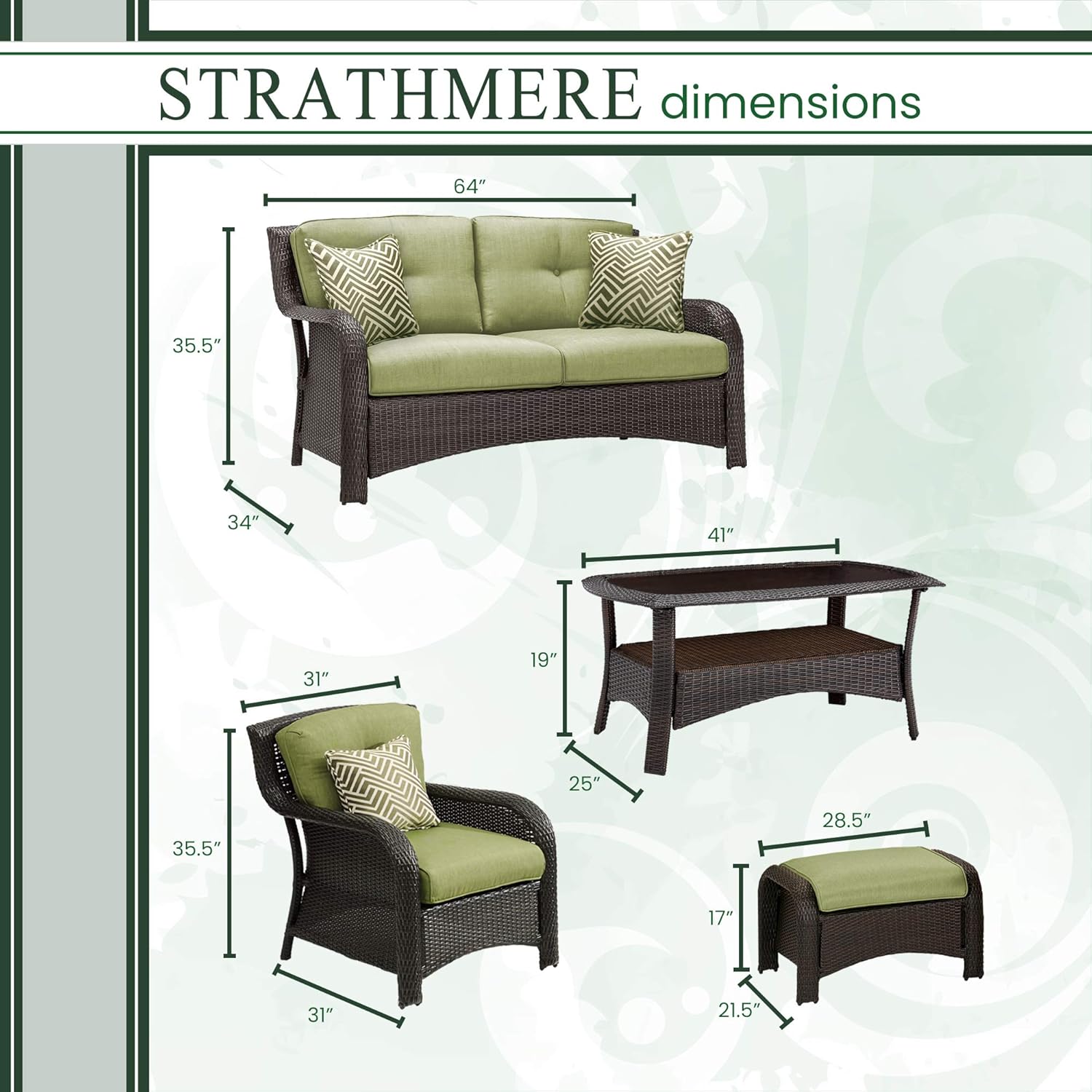 Hanover Strathmere 6-Piece Outdoor Patio Conversation Set, 2 Side Chairs with Ottomans, Loveseat and Tempered Glass Coffee Table, with Hand-Woven Wicker and Thick Cilantro Green Cushions, STRATHMERE6PC : Patio Loveseats : Garden & Outdoor