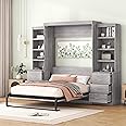 KTATK Full Size Murphy Bed with Storage Shelves and Drawers,Easy Fold Wood Wall Bedframe,Space-Saving,for Bedroom Apartment Small Space,Gray