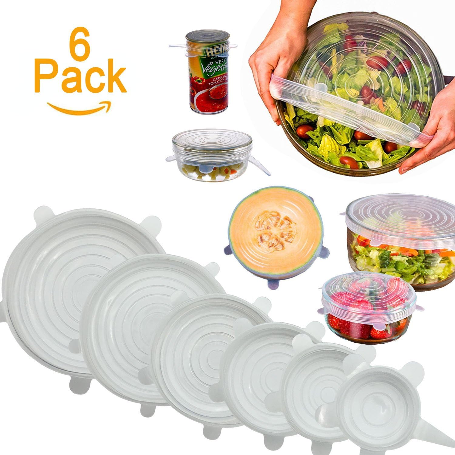 Kuke Silicone Stretch Lids Food Cover Wraps Bowl Pot Cup Suction Lids 6 Pack-BPA Free, Dishwasher, Microwave, Oven and Freezer Safe