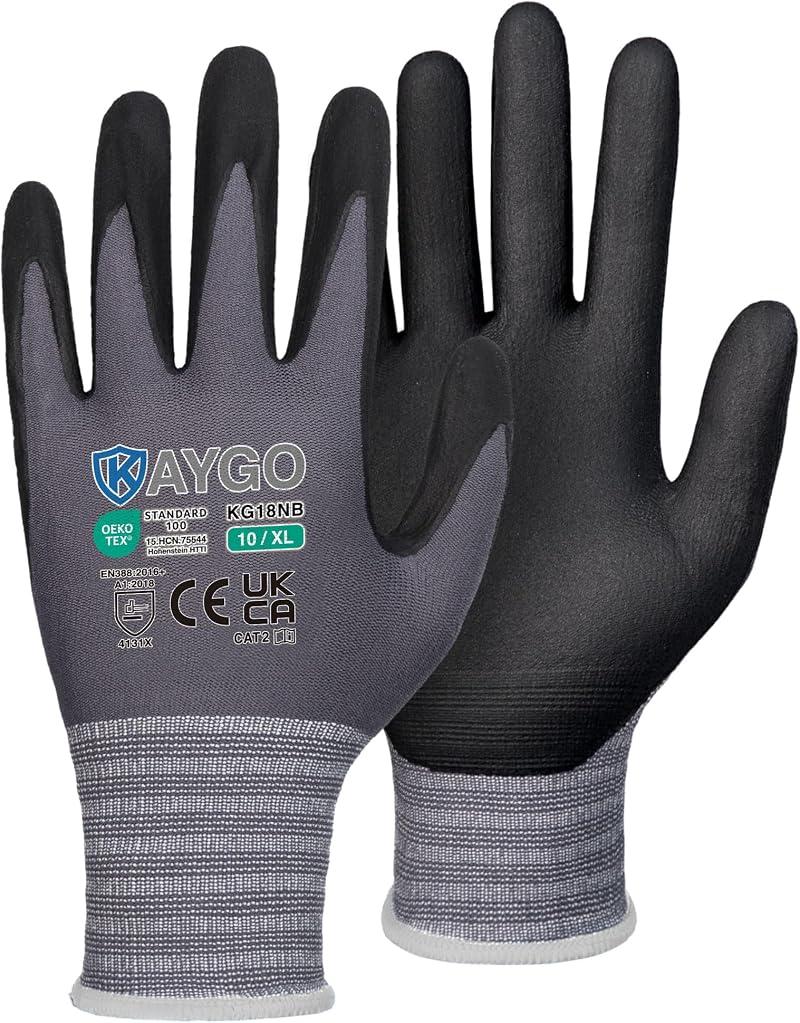 KAYGO 3 Pairs Safety Work Gloves MicroFoam Nitrile KG18N Seamless Knit