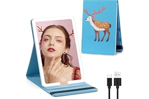 JADAZROR Makeup Mirror with Lights, PU Leather Travel Mirror with 3 Colors Lighting Makeup Mirror with Reindeer Print, 8x5.5inch Vanity Mirror with Lights for Desktop Cosmetic Mirror, Folding LED Travel Mirror