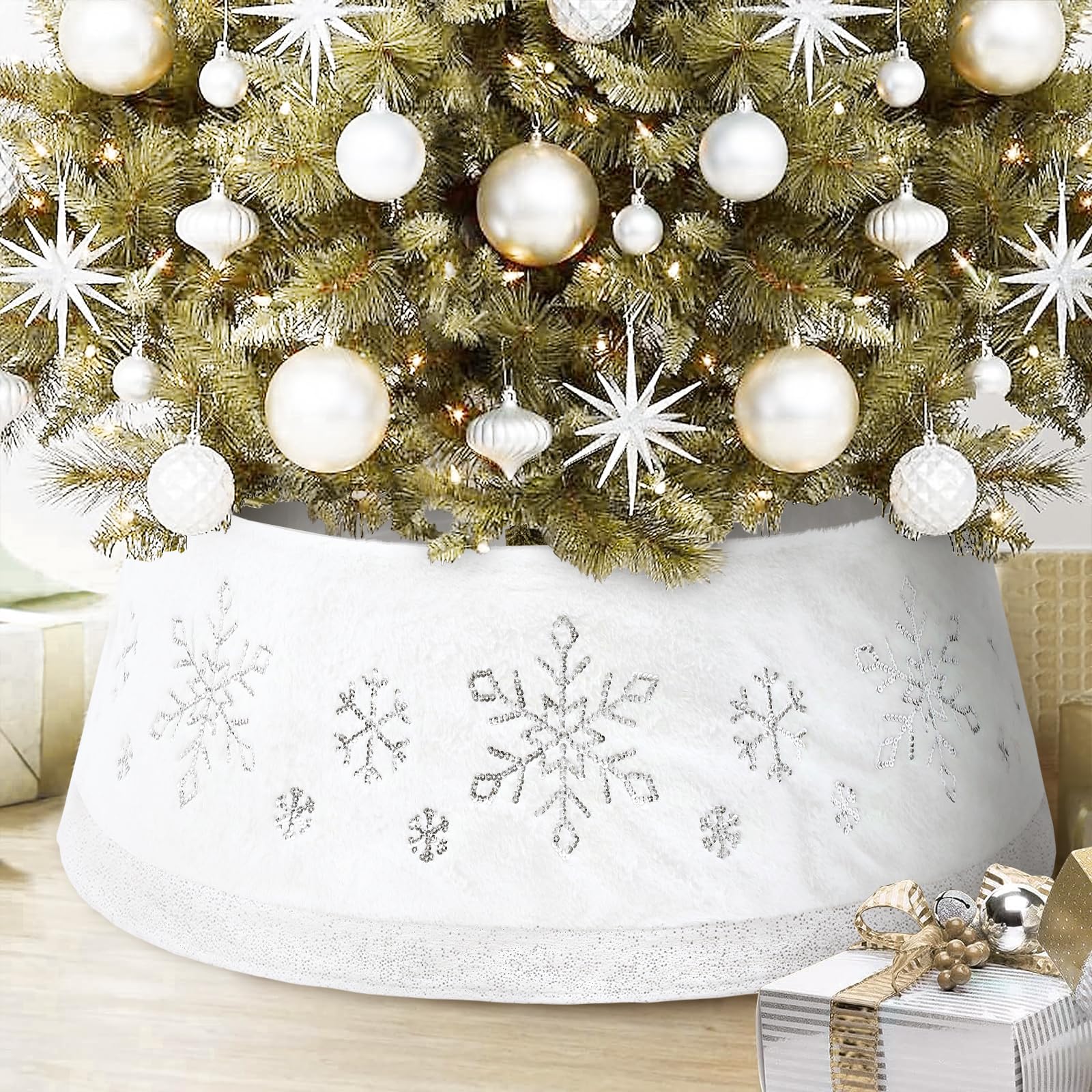 Photo 1 of LASPERAL White Christmas Tree Collar, 30 Inches Sliver Snowflake Tree Ring for Artificial Tree Farmhouse Plush Xmas Tree Stand Cover with Plastics Sheets Christmas Holiday Tree Decoration