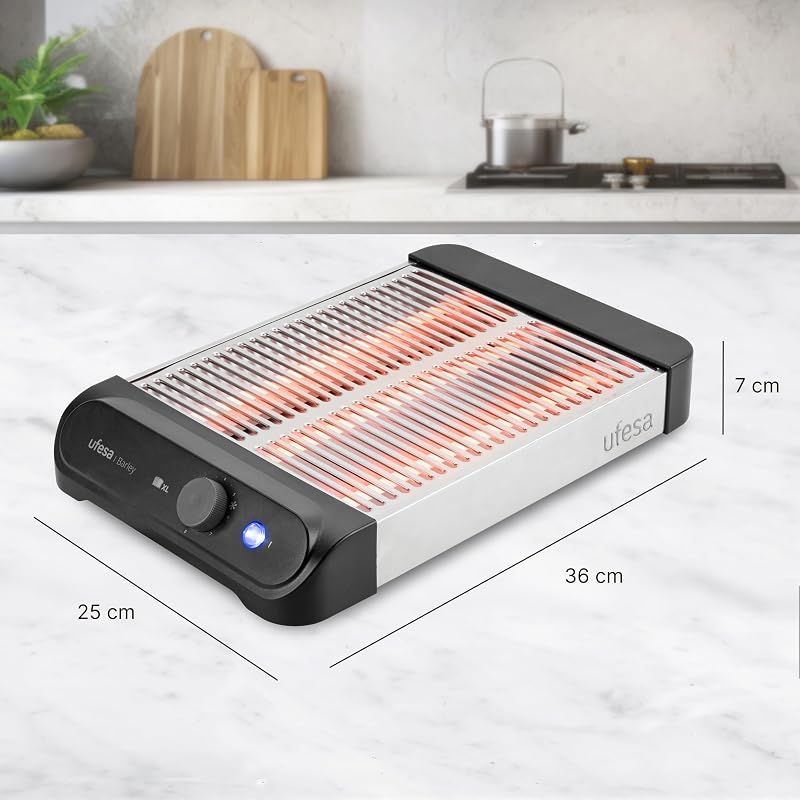 Tostador Plano Barley, 900W con 3 Resistencias de Cuarzo, Tostador Horizontal de Acero Inoxidable, Tamaño XL para 4 Rebanadas, 7 Niveles, Recalentar y Descongelar, Bandeja Recogemigas, Bollería