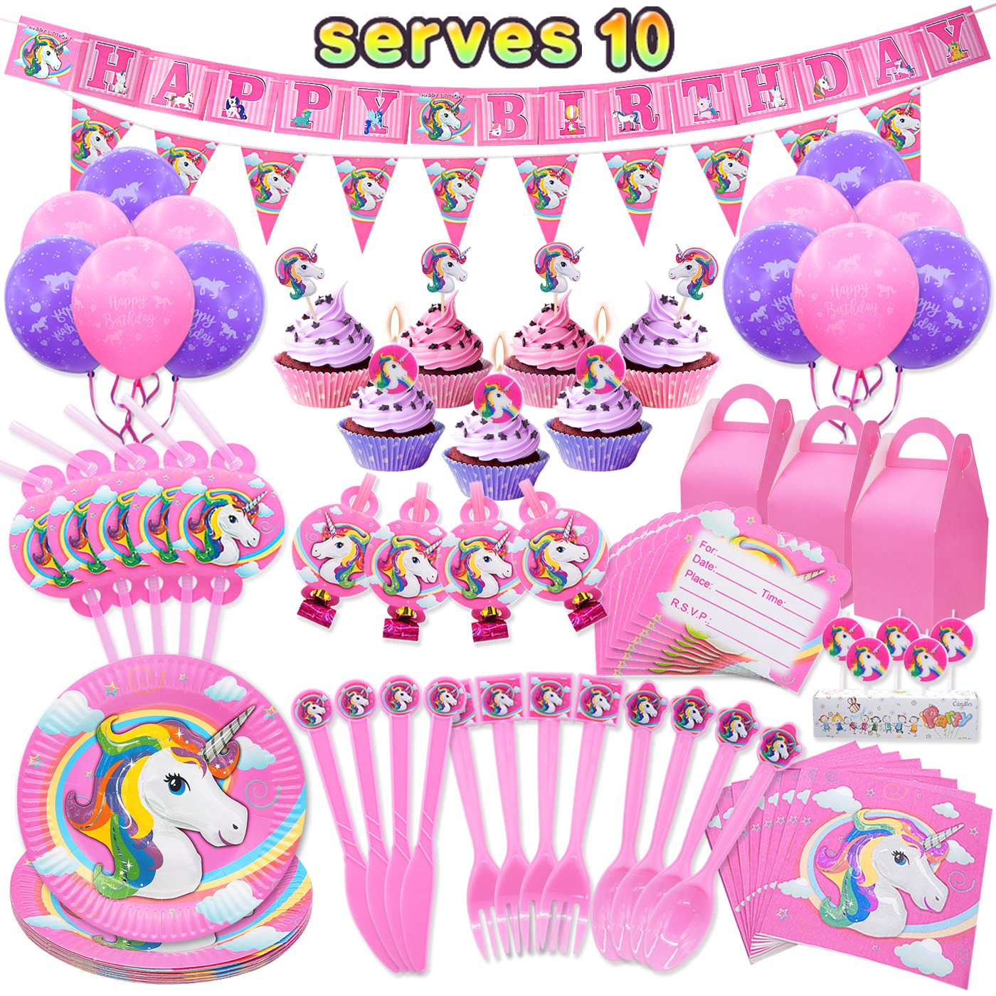 145 pack Unicorn Birthday Party Decorations Supplies Kit Favors Serves