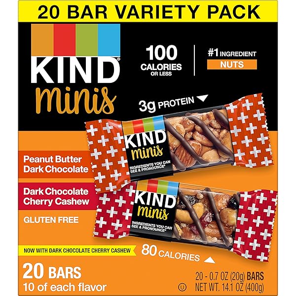 KIND MINIS BARS, PEANUT BUTTER DARK CHOCOLATE AND DARK CHOCOLATE CHERRY CASHEW, GLUTEN FREE, VARIETY PACK, 0.7 OZ, (PACK OF 20)