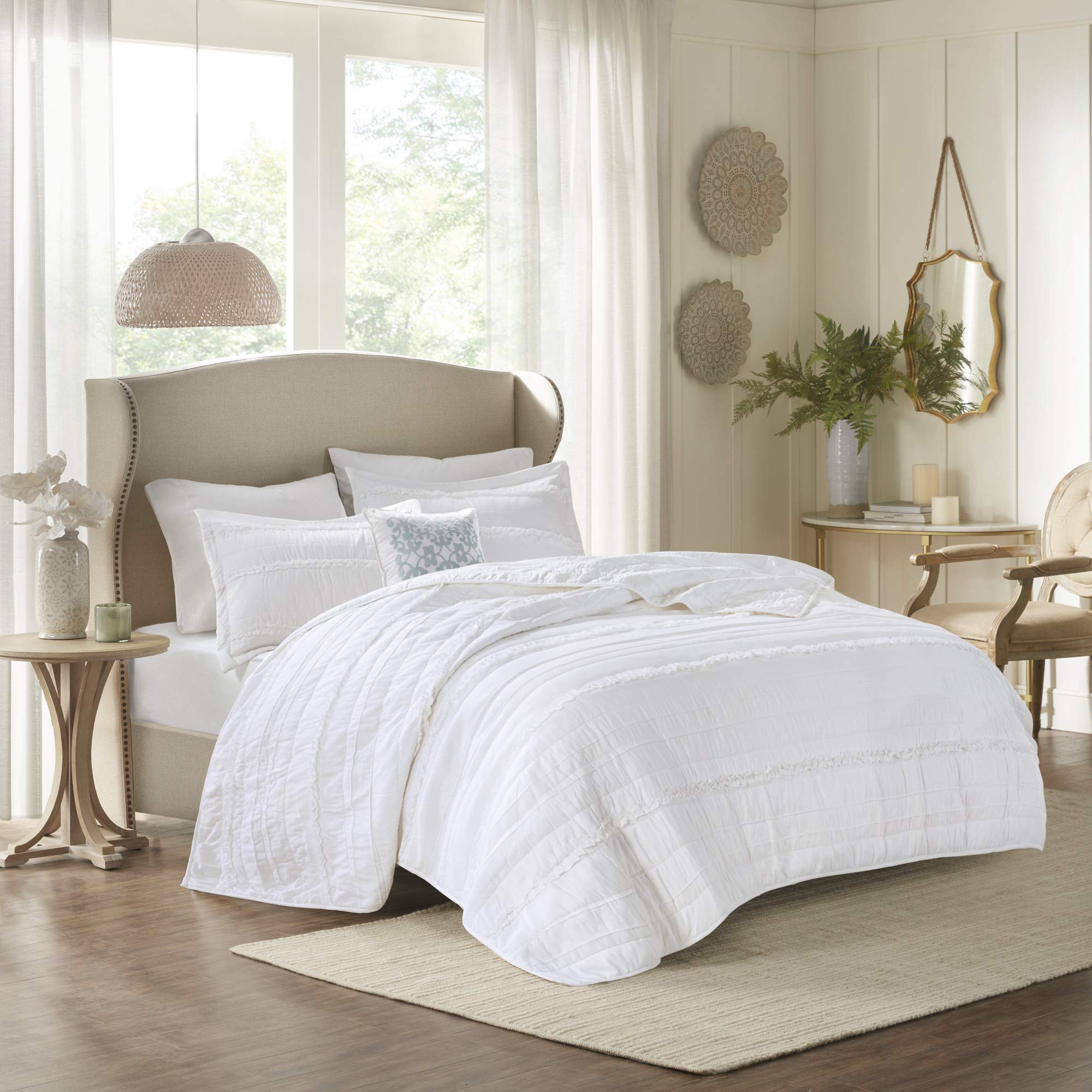 Madison Park Celeste Quilt Modern Classic Design All Season, Breathable Coverlet Lightweight Bedding Set, Matching Shams, Decorative Pillow, Full/Queen(90"x90"), Ruffle White 4 Piece Image