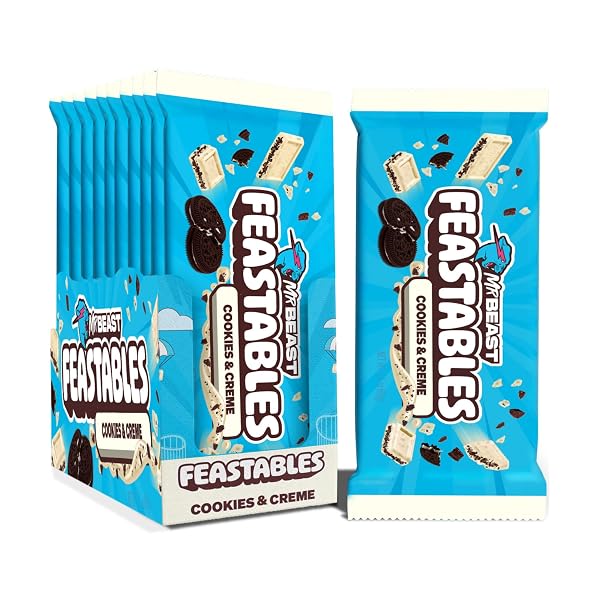 MRBEAST FEASTABLES COOKIES & CREME CHOCOLATE BAR, KING SIZE, 10 COUNT, WHITE CHOCOLATE WITH COOKIE PIECES, FAIRTRADE COCOA, 2.1OZ EACH