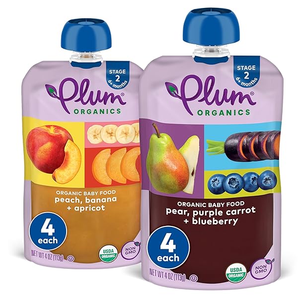 STAGE 2 | BABY FOOD VARIETY PACK: 8 CT 4OZ POUCH STAGE 2 – PEAR, PURPLE CARROT, BLUEBERRY + PEACH, BANANA, APRICOT