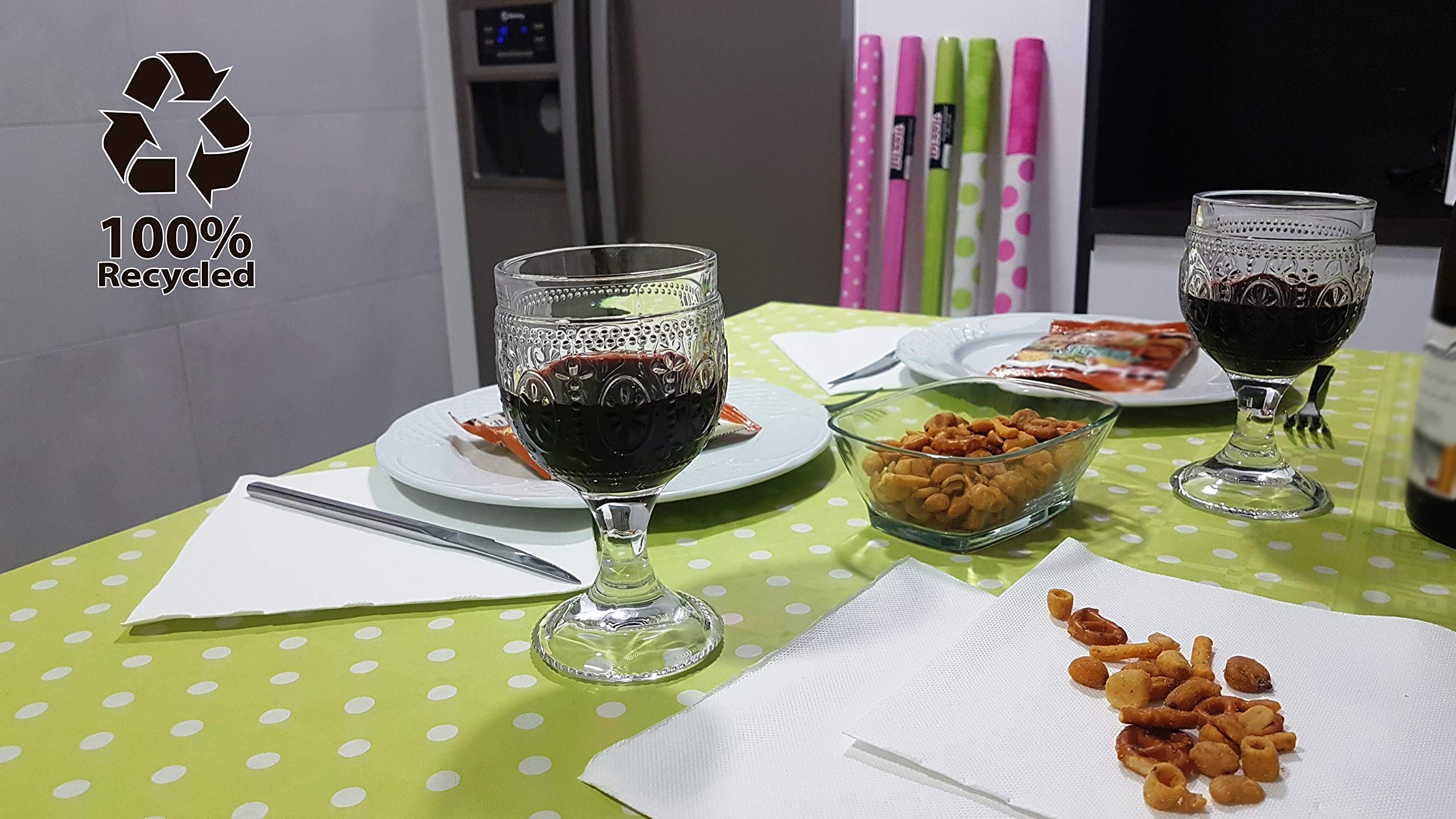 bissu - Disposable Stain Resistant Damask Paper Tablecloth for Rectangular Coloured Dining and Kitchen Tables | 25 x 1.18 Metres Roll - Biodegradable (Pistachio Polka Dots)