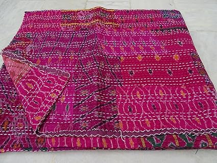 Sovereigns Tribal Asian Textiles Handmade Reversible Patola Silk Indian Saree, Vintage Throw Kantha Queen Quilt (Multicolour, 90x108-inches)
