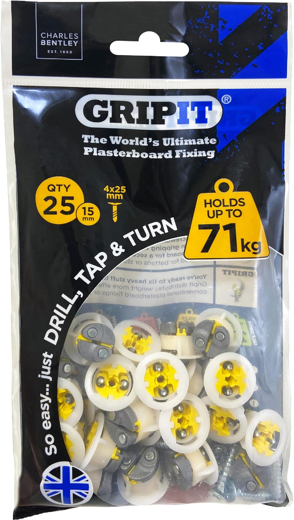 Gripit Yellow Plasterboard Fixings Pack 25 Heavy Duty Stud Wall Anchors