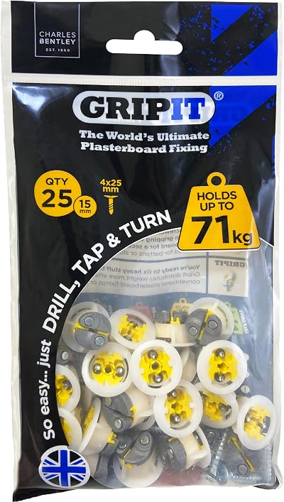 Gripit Yellow Plasterboard Fixings Pack 25 Heavy Duty Stud Wall Anchors