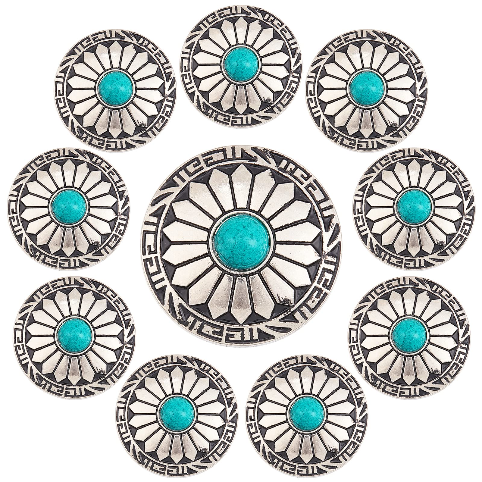 GORGECRAFT 10Pcs 1-Hole Turquoise Buttons Western Conchos Screw Back Round Metal Decorative Conchos Flat Round With Sunflowers Pattern For Diy Luggage And Hardware Accessories