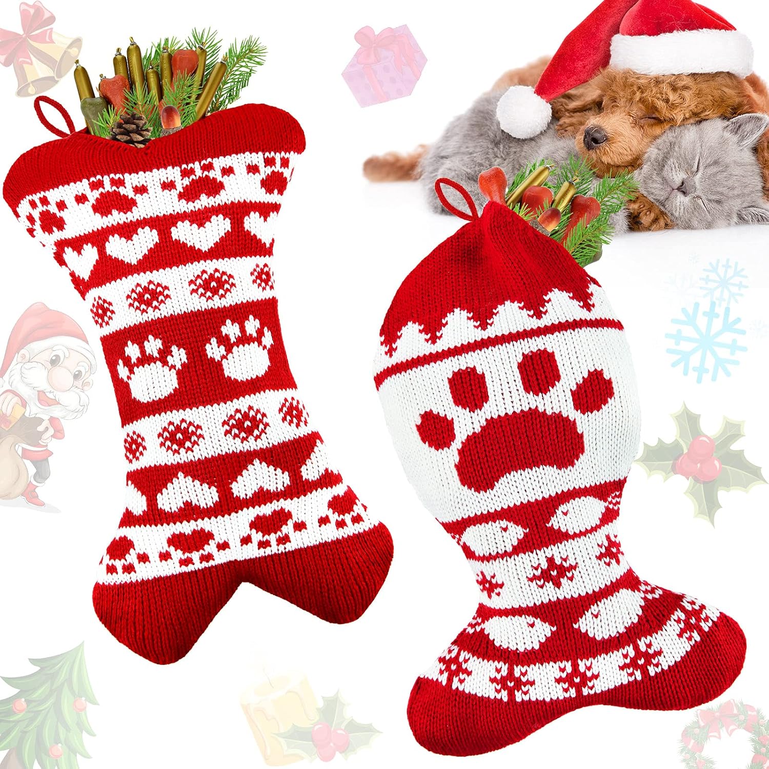 Stockings & Holders - 2 Pieces 17.3 inch Dog Christmas Stocking Dog Stocking cat Christmas Stocking Red Knit Christmas Pet Stockings for Dogs Cats Pet Christmas Fireplace Office Holiday Decoration