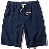 SIR7 Men's Linen Casual Classic Fit 11 Inch Inseam Elastic Waist Shorts with Drawstring