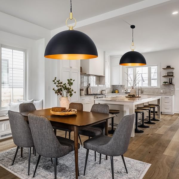 CORLACELING 23.6″ FARMHOUSE PENDANT LIGHTS FOR KITCHEN ISLAND, BLACK AND GOLD LARGE DOME PENDANT LIGHT FIXTURE INDUSTRIAL HANGING LAMP FOR DINING ROOM LIVING ROOM HALLWAY BAR BEDROOM