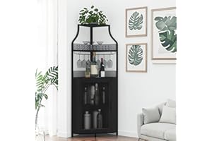 Corner Bar Cabinet, 61" Tall Farmhouse Wine Cabinet with Led Light & Detachable Wine Rack, 5-Tier Industrial Wine Cabinet wit