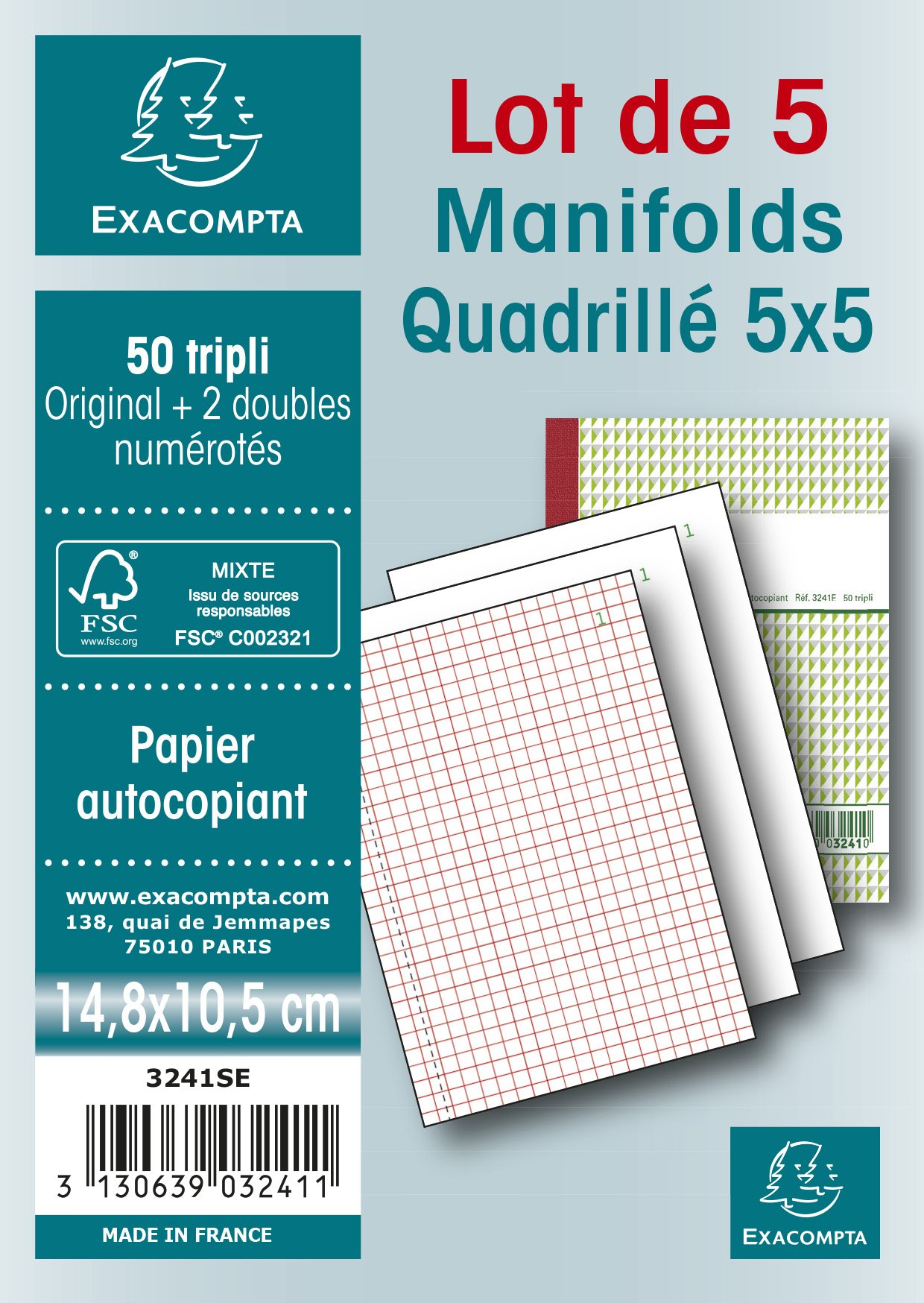 Exacompta - Ref 3241SE - Squared Manifolds (50 Sheets) - A6 (148 x 105mm) in Size, 5x5 Squared Rulings - 50 Trifold Sticker Sheets Numbered 1-50 - Pack of 5
