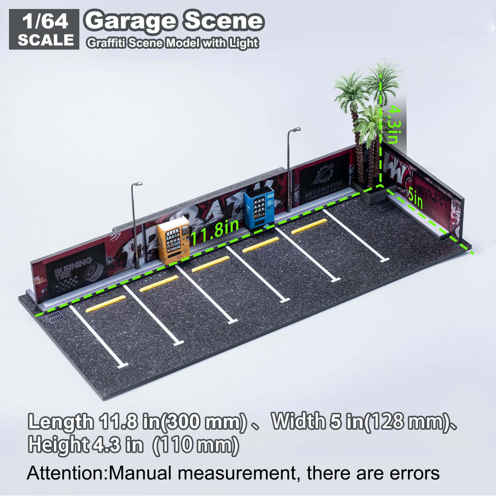 1/64 Diorama Garage, Garage and Display Case for Model Car, Scenic Diorama Display Car Park with 2 LED Street Lamps and 5 Outdoor Parking Spaces