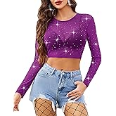 Avidlove Mesh Top Women Rhinestone Sparkly Long Sleeve Sheer Crop Top See Through Shirt Glitter Going Out Tops