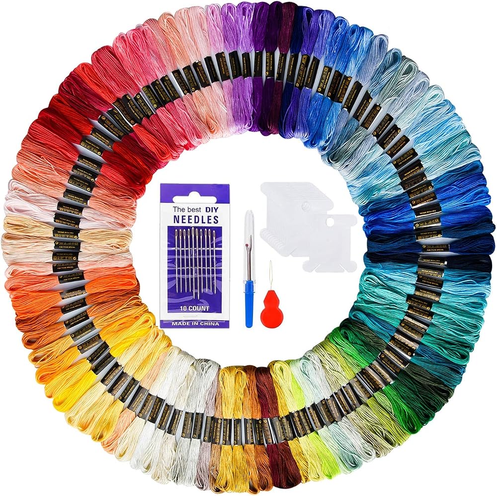 AUERVO Embroidery Threads 100 Skeins Pack Rainbow Floss with Needles