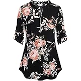 BEPEI Womens Floral 3/4 Sleeve Shirts Zip up V Neck Work Chiffon Blouses Top