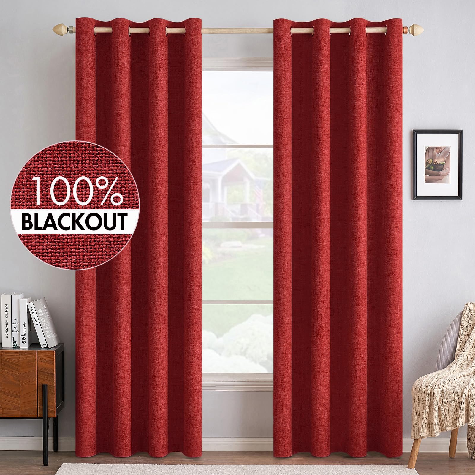 MIULEE 100% Blackout Linen Curtains for Bedroom Thermal Insulated Red Grommet Room Darkening Curtains & Drapes Christmas Decor for Living Room Nursery 52 x 84 Inch (2 Panels) Image