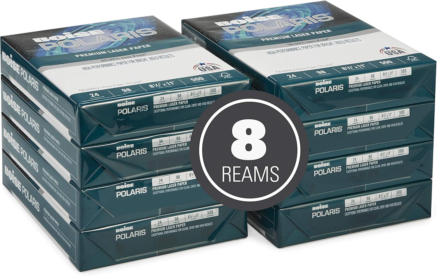 BOISE POLARIS Premium Laser Paper, 8.5" x 11" Letter, 98 Bright White, 24 lb., 8 Ream Carton (4, 000 Sheets) : Office Products