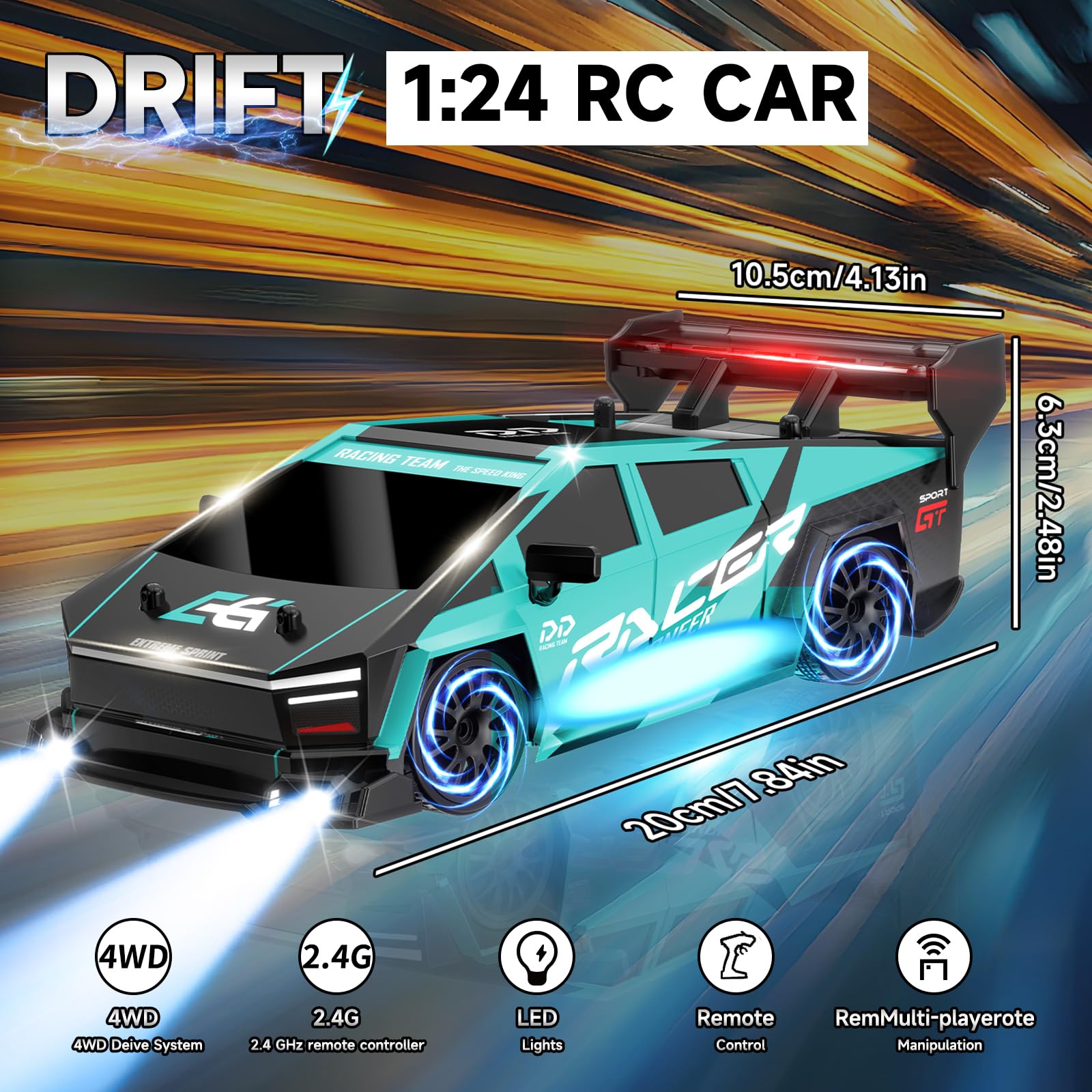 BIAOQINBO Ferngesteuertes Auto Drift, 1:24 RC Drift Car 1000 mAh, 20KM/H, 4WD, 2,4 GHz Ferngesteuert Rennauto, mit LED-Leuchten Rennspielzeug Geburtstagsgeschenke für ab 8 Jahren Kinder (Türkis) 4