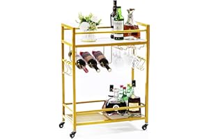 WOLKI Bar Cart, Bar Carts for The Home, Microwave Cart, Drink Cart, Gold Bar Cart with Wine Rack and Glass Holder, Bar Cart with Wheels for Kitchen, Dining Room, Living Room