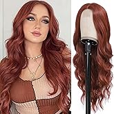 Long Auburn Wavy Wigs for Women 26 Inch Middle Part Curly Wig Natural Looking Synthetic Copper Red Body Wave Wig for Cosplay Daily Party Use Halloween Cosplay Wig