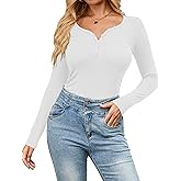 Amoretu Women's Henley Long Sleeve V Neck Shirts Slim Fitted Side Ruched Button Tops
