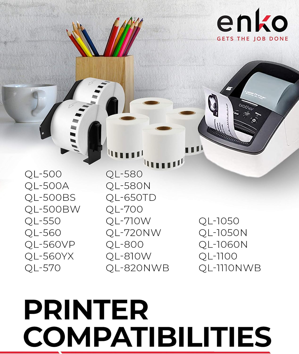 enKo - Compatible DK-2223 Continuous Paper Labels (2 Inch x 100 Feet) Compatible for Brother QL Label Printers - 6 Rolls + 2 Refillable Cartridges : Office Products