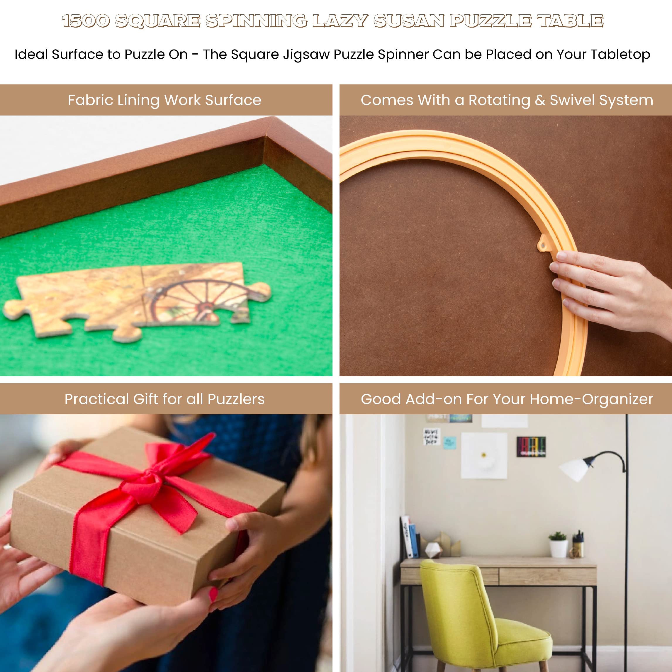 Bits and Pieces Rotating Puzzle Board with Lazy Susan, Portable 1500 Piece Jigsaw Puzzle Table with Fabric Lining, Measures 34