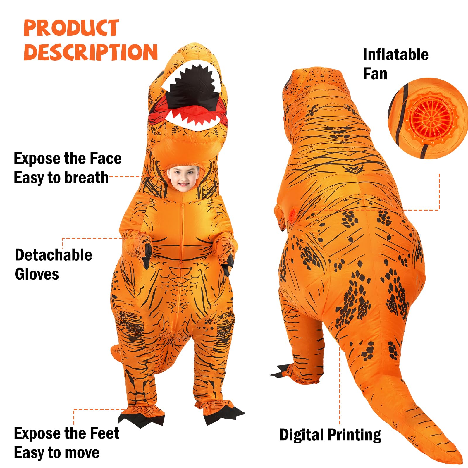 YEAHBEER Inflatable Dinosaur Costume，T-Rex Dinosaur Costume Blow up T-Rex Funny Fancy Inflatable Costume
